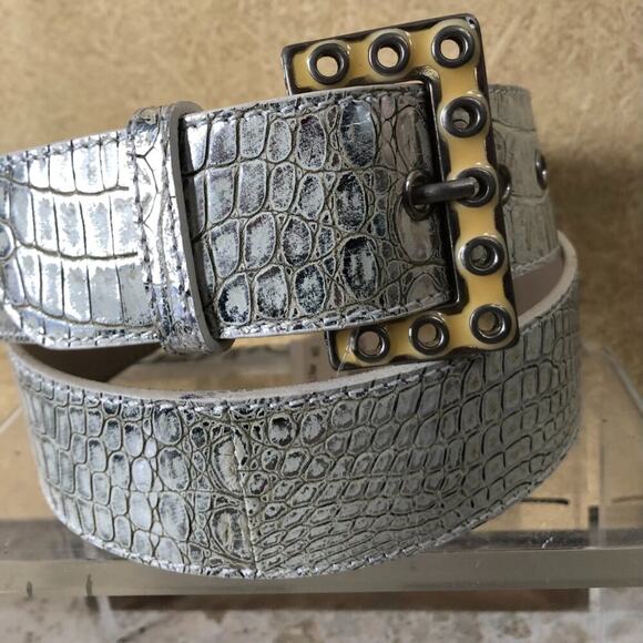 Donald Pliner Belt Ivory Croc Metallic Leather Metal Buckle New NWT $245 adjust